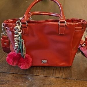Madden NYC Cherry Red Satchel with Pom Accents